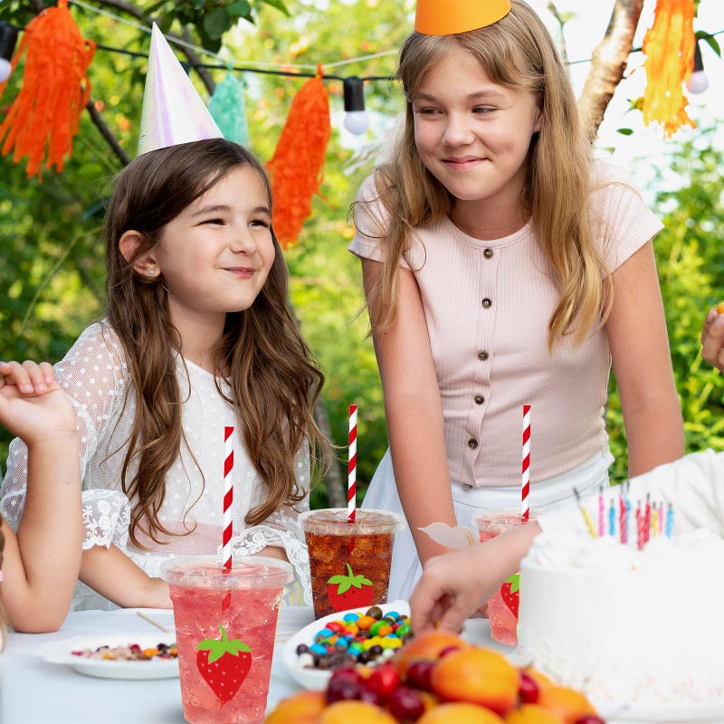 Whaline أكواب بلاستيكية قابلة للتصرف من واهلين 50 قطعة مع أغطية وقش 12 أونصة أكواب حفلات حمراء للفراولة لمشروبات باردة لحفلة عيد الميلاد الأول للطفل الحلو في الصيف - Image 5