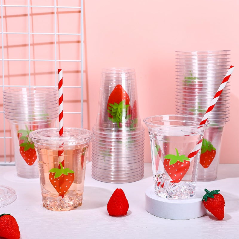 Whaline أكواب بلاستيكية قابلة للتصرف من واهلين 50 قطعة مع أغطية وقش 12 أونصة أكواب حفلات حمراء للفراولة لمشروبات باردة لحفلة عيد الميلاد الأول للطفل الحلو في الصيف - Image 4