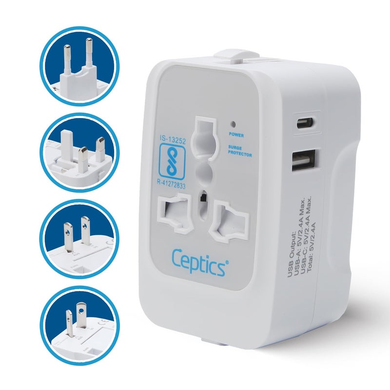 Ceptics Universal Travel Adapter with Type C, 3 in 1 Universal Adapter Plug, Travel Accessories with 1 USB, 1 USB-C with 2.4A,Travel Adaptor International All in One - Image 2