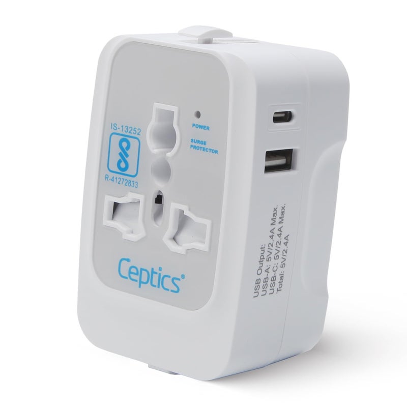 Ceptics Universal Travel Adapter with Type C, 3 in 1 Universal Adapter Plug, Travel Accessories with 1 USB, 1 USB-C with 2.4A,Travel Adaptor International All in One - Image 1