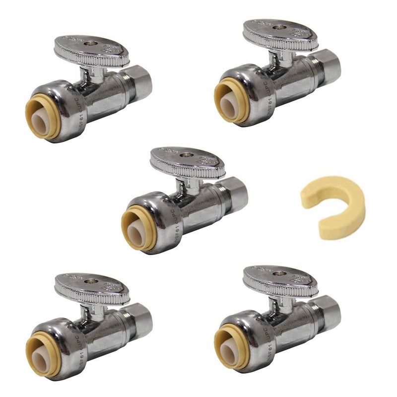 Pack of 5 EFIELD Push Fit 14 Turn Straight Stop Valve Water Shut Off 12 Push x 38 Inch Compression with Dismount Clip ToolPFUNI0015PCS