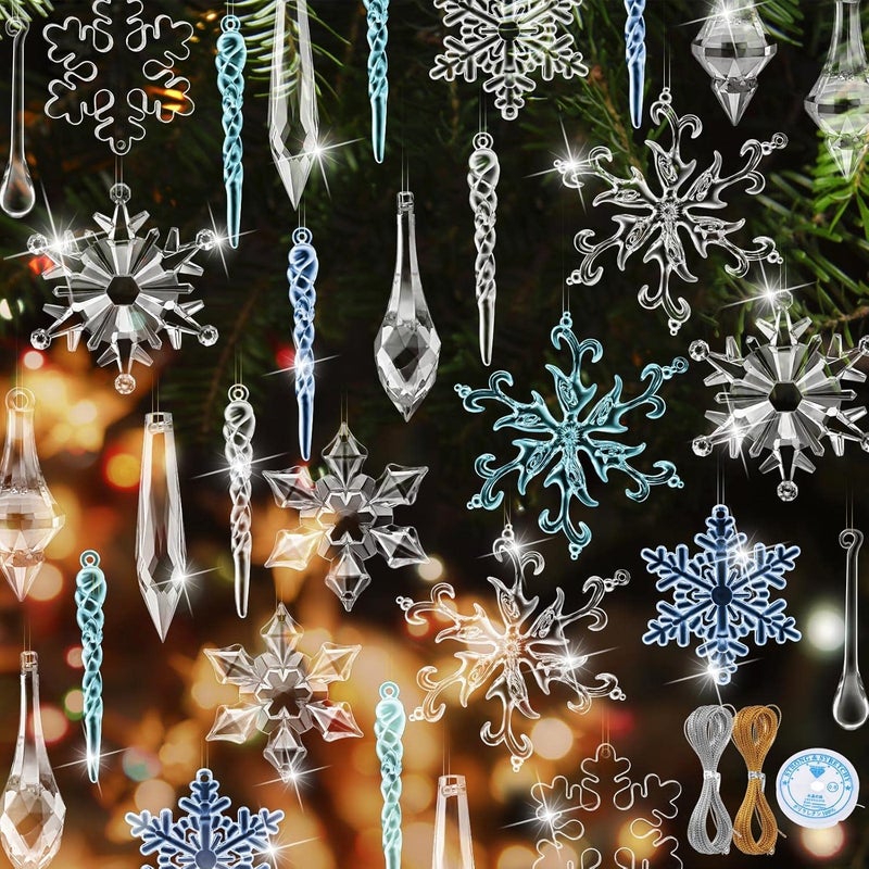 Queekay Queekay 100 Pcs Christmas Snowflake Icicle Acrylic Decorations Clear and Blue Snowflake Icicles Ornaments Set with Wires for Christmas Tree Outdoor Xmas Party Craft Santa Wedding Gift - Image 1