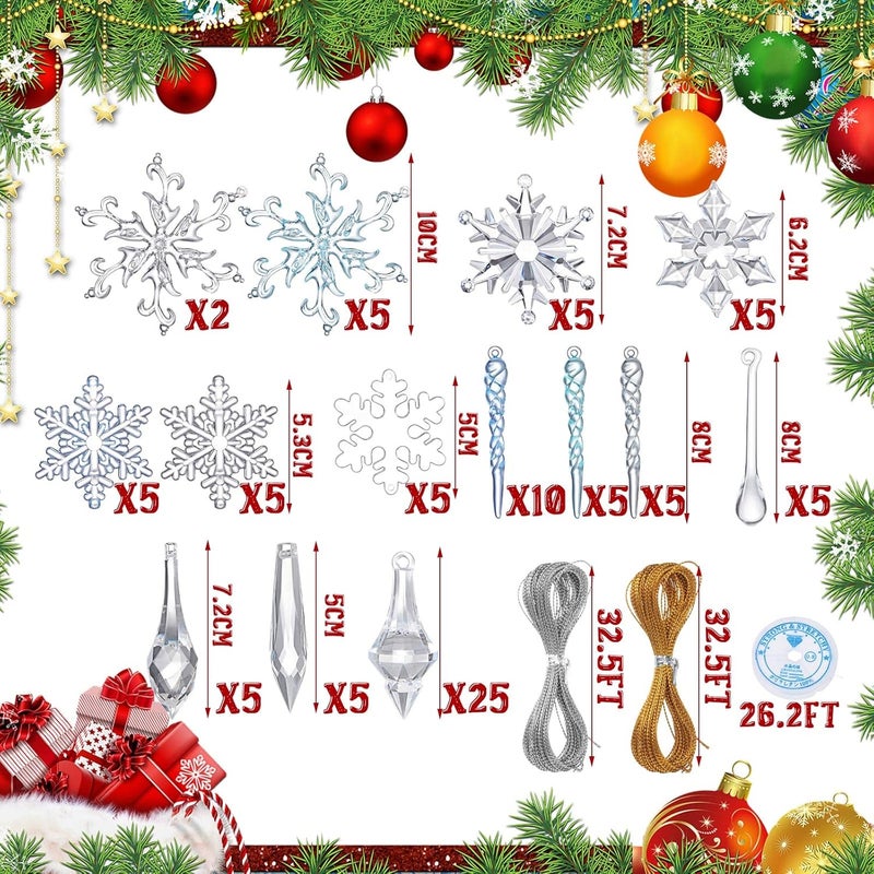 Queekay Queekay 100 Pcs Christmas Snowflake Icicle Acrylic Decorations Clear and Blue Snowflake Icicles Ornaments Set with Wires for Christmas Tree Outdoor Xmas Party Craft Santa Wedding Gift - Image 3
