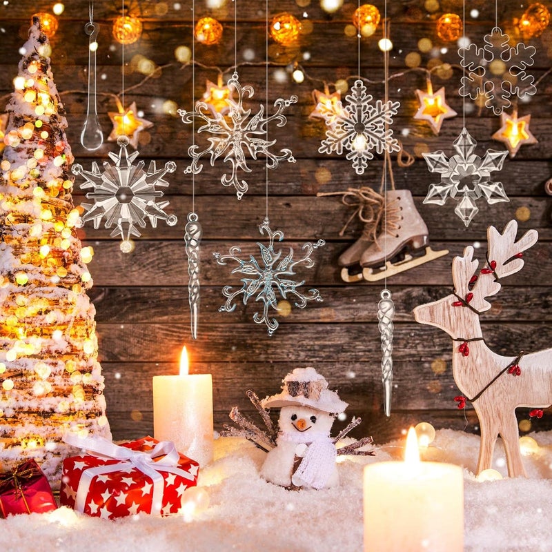 Queekay Queekay 100 Pcs Christmas Snowflake Icicle Acrylic Decorations Clear and Blue Snowflake Icicles Ornaments Set with Wires for Christmas Tree Outdoor Xmas Party Craft Santa Wedding Gift - Image 5