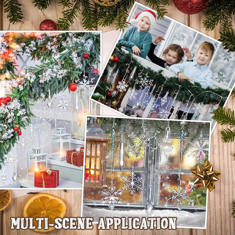 Queekay Queekay 100 Pcs Christmas Snowflake Icicle Acrylic Decorations Clear and Blue Snowflake Icicles Ornaments Set with Wires for Christmas Tree Outdoor Xmas Party Craft Santa Wedding Gift - Image 4