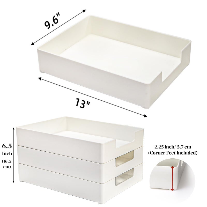 Eorbow 3 Pack Letter Tray, Plastic Stackable A4 Paper Trays, Rectangular Desk Drawer Organizer, File Holder for Desktop, Office Supplies Storage, White - Image 2