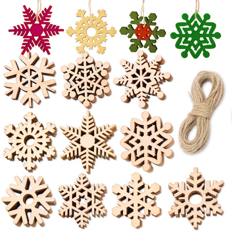 QUACOWW 50 Pieces Christmas Wooden Snowflake Ornaments Unfinished DIY Wood Snowflake Cutouts Christmas Tree Hanging Ornaments with Strings for DIY Christmas Decorations Crafts 2 Inch