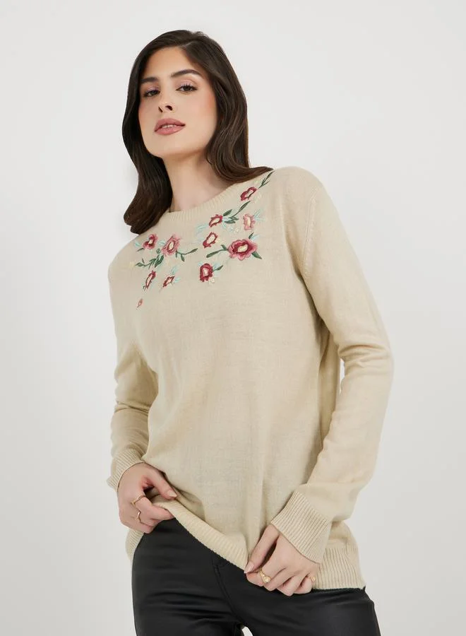 Styli Embroidered Round Neck Longline Sweaters