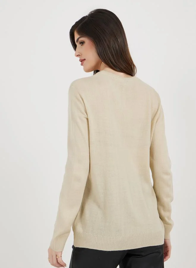 Styli Embroidered Round Neck Longline Sweaters