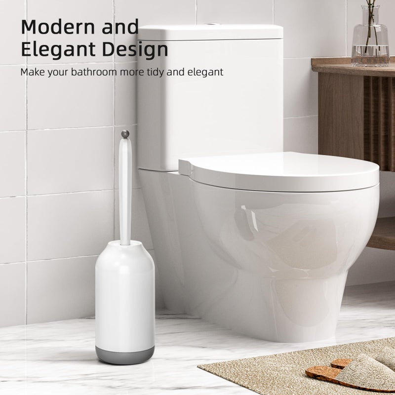 HAMITOR Toilet Bowl Brush Holder Set: Bathroom Deep Cleaning Toilet Cleaner Scrubber Under Rim with Curved Bristle for Dead Corner Clean - Hidden Rv Toilet Decorative Accessories with Caddy- White - Image 5