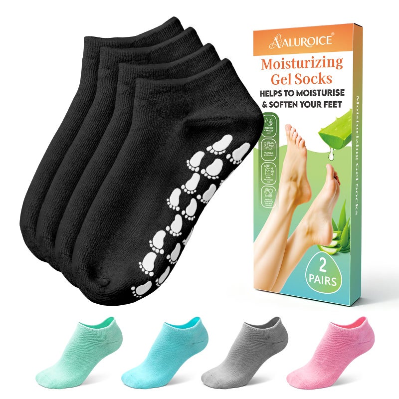 ALUROICE Silicone Moisturizing Socks for Women Men Large- 2Pairs Foot Moisturizer Socks for Dry Cracked Feet- Black Aloe Spa Moisture Hydrating Foot Care Socks (L Up to Size 12) - Image 1