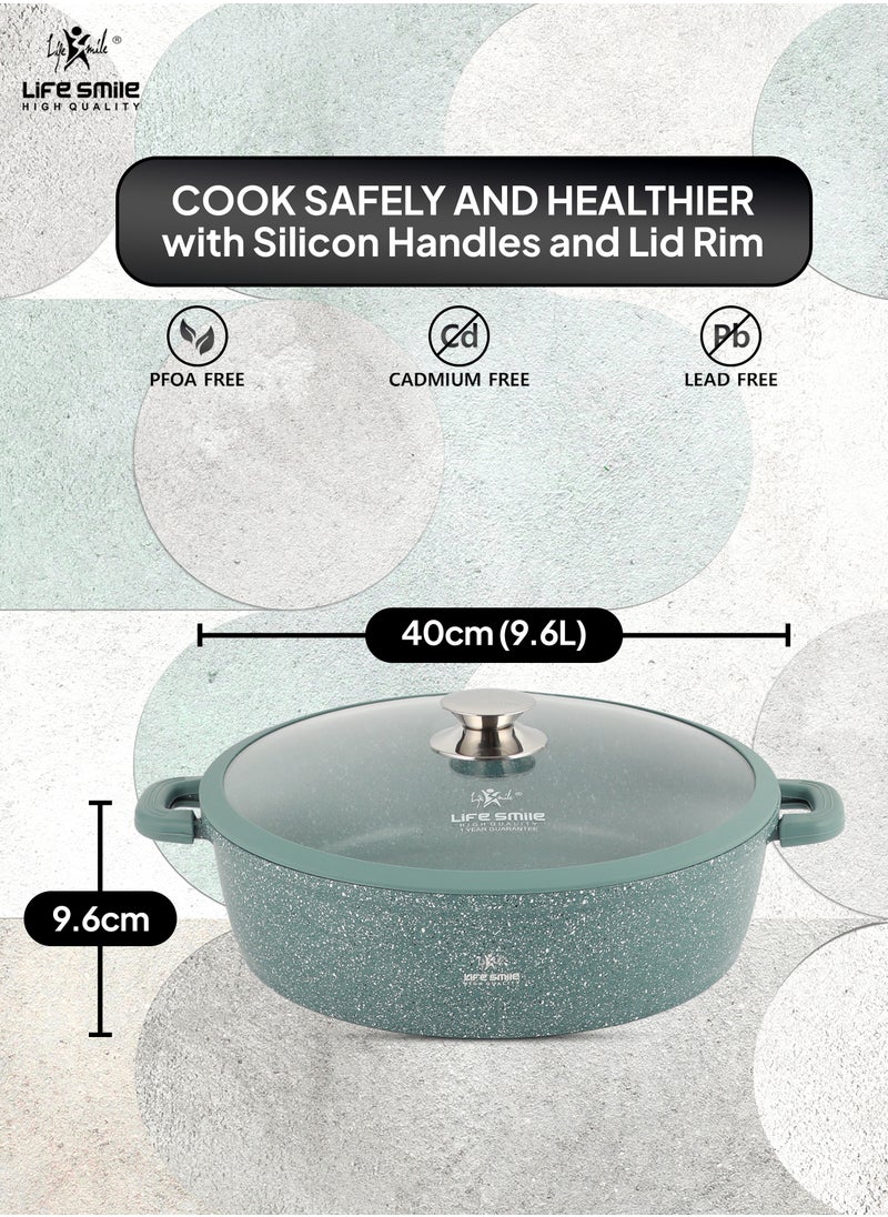 Life Smile 40cm (9.6 Liter) LIFE SMILE Shallow Pot - Multi Layer Non Stick Granite Coating 100% PFOA Free - Glass Lid With Silicone Rim - Detachable Silicone Handles - Oven Safe Frying Pan (Green)  - Image 3