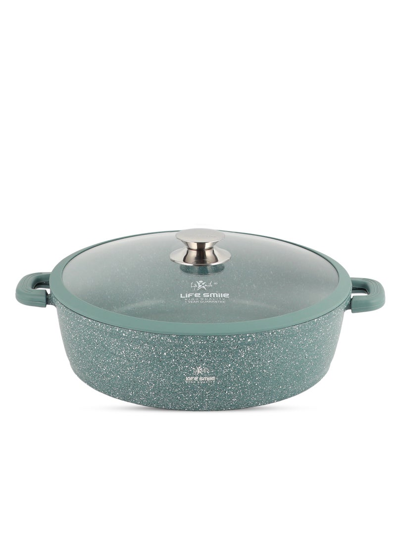 Life Smile 40cm (9.6 Liter) LIFE SMILE Shallow Pot - Multi Layer Non Stick Granite Coating 100% PFOA Free - Glass Lid With Silicone Rim - Detachable Silicone Handles - Oven Safe Frying Pan (Green)  - Image 1