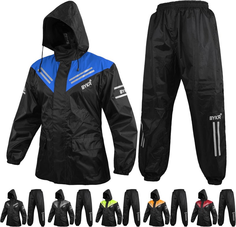 BYKR Waterproof Motorcycle Rain Suit for Men & Women - 2-Piece Breathable & Windproof Cycling Gear - Blue - Size S - Image 1
