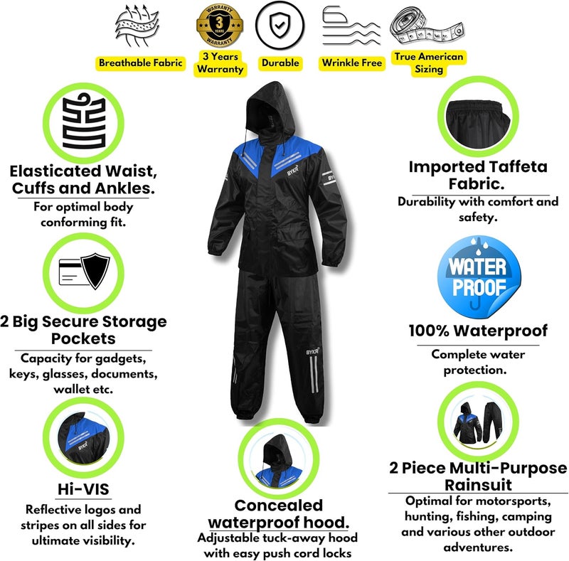 BYKR Waterproof Motorcycle Rain Suit for Men & Women - 2-Piece Breathable & Windproof Cycling Gear - Blue - Size S - Image 2