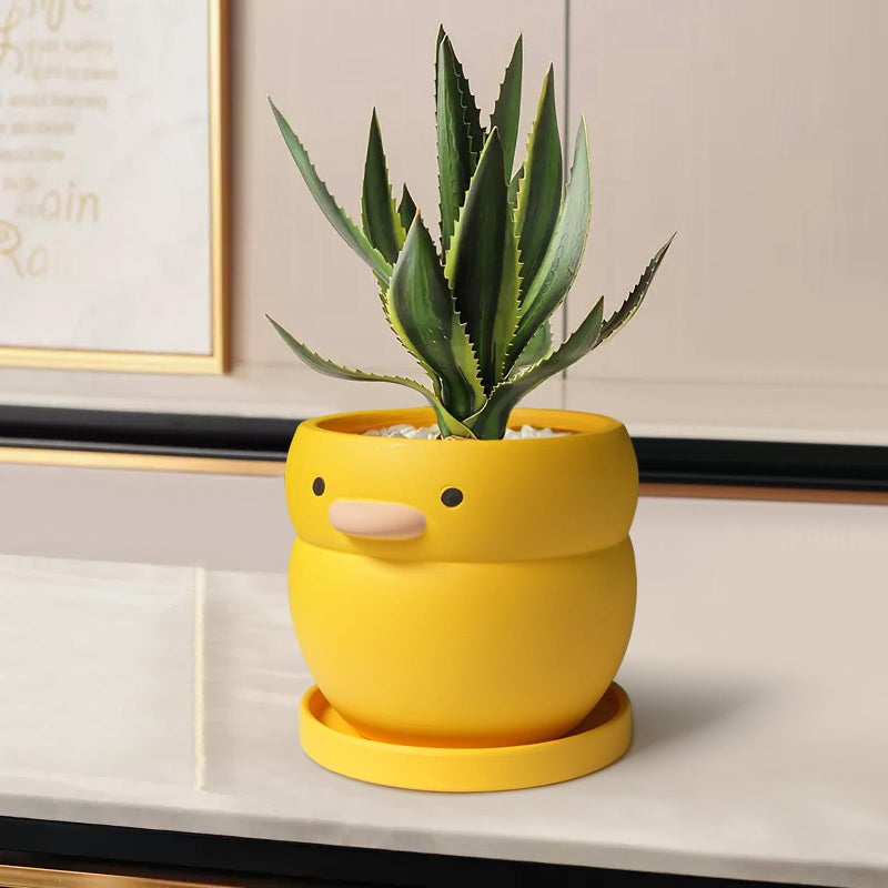 GeLive 4 Inch Yellow Duck Plant Pot Ceramic Planter with Drainage Tray Indoor Plants Succulent Pot Tabletop Organizer Decor Pen Holder Cartoon Statue Unique Gift - Image 1
