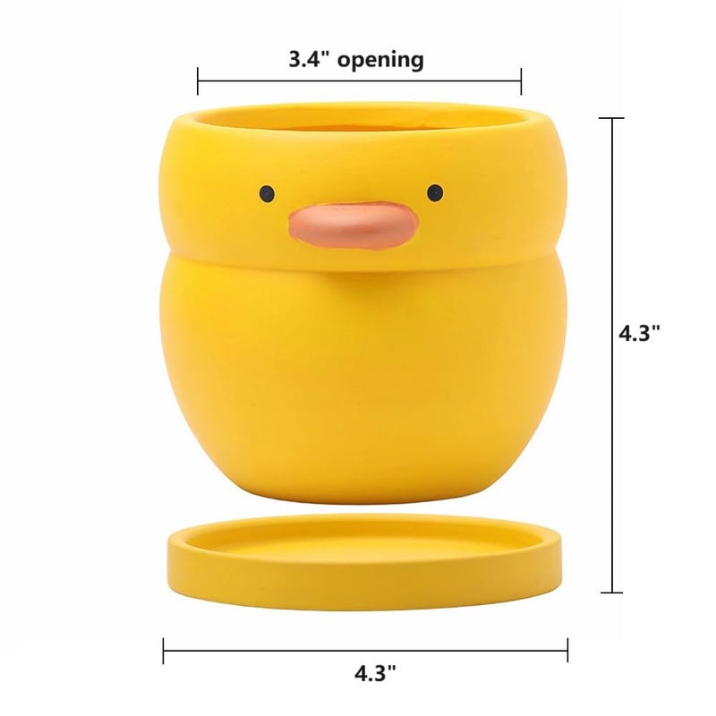 GeLive 4 Inch Yellow Duck Plant Pot Ceramic Planter with Drainage Tray Indoor Plants Succulent Pot Tabletop Organizer Decor Pen Holder Cartoon Statue Unique Gift - Image 5