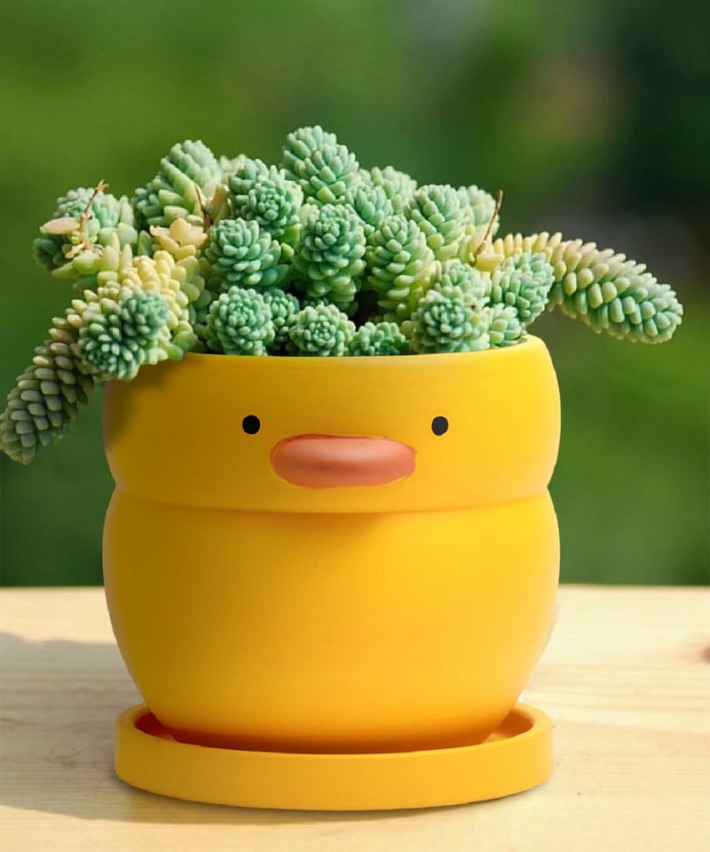 GeLive 4 Inch Yellow Duck Plant Pot Ceramic Planter with Drainage Tray Indoor Plants Succulent Pot Tabletop Organizer Decor Pen Holder Cartoon Statue Unique Gift - Image 2