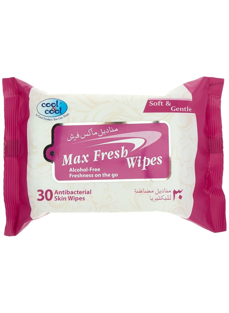 Cool & Cool Cool & Cool Max Fresh Wipes - 30's (Pack of 3) - Convenient for Travel,Antibacterial Skin Wipes with Vitamin E,Aloe Vera Gel & Herb Extract,Alcohol-Free,Soft & Gentle - 90 Wipes - Image 1