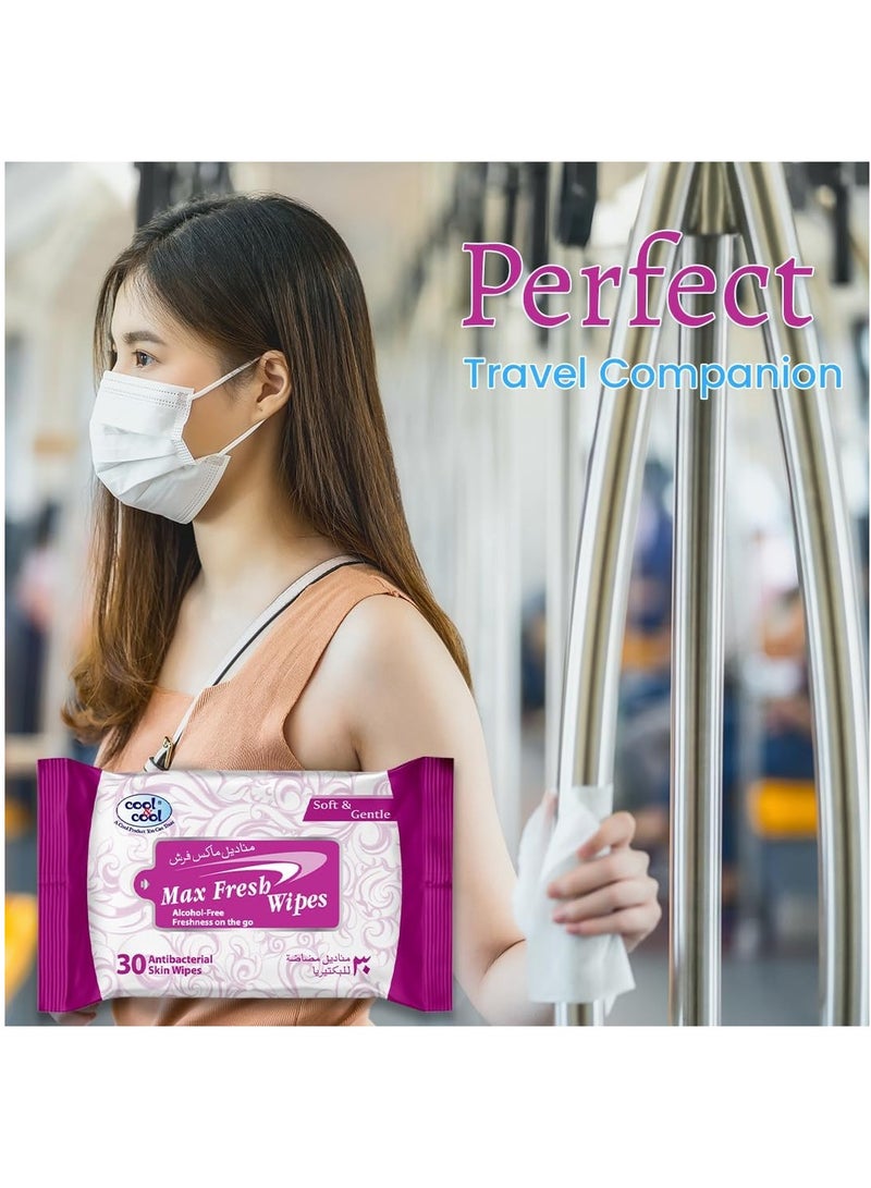 Cool & Cool Cool & Cool Max Fresh Wipes - 30's (Pack of 3) - Convenient for Travel,Antibacterial Skin Wipes with Vitamin E,Aloe Vera Gel & Herb Extract,Alcohol-Free,Soft & Gentle - 90 Wipes - Image 4