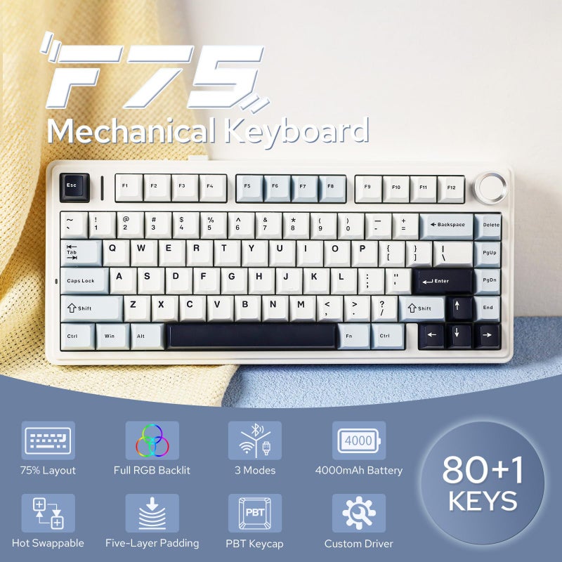 EPOMAKER x AULA F75 Gasket Mechanical Keyboard, 75% Wireless Hot Swappable Gaming Keyboard with Five-Layer Padding&Knob, Bluetooth/2.4GHz/USB-C, RGB (Light Blue, Ice Vein Switch) - Image 2