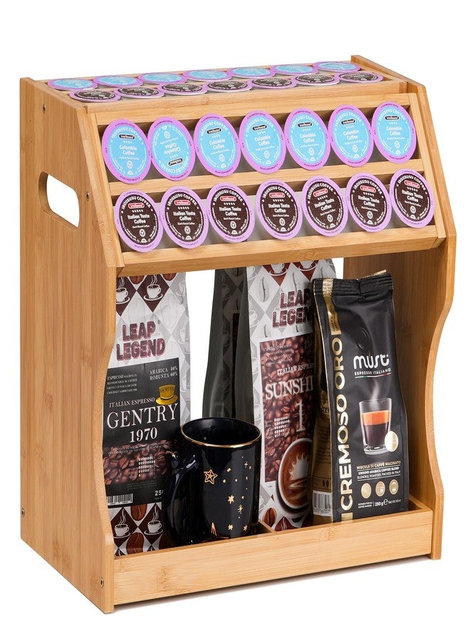 Thalomely 2-Tier K Cup Holder & Condiment Organizer, Bamboo Coffee Pod Organizer & Coffee Bar Accessory for Home or Office,Space-Saving Storage Rack with Handles - Image 1
