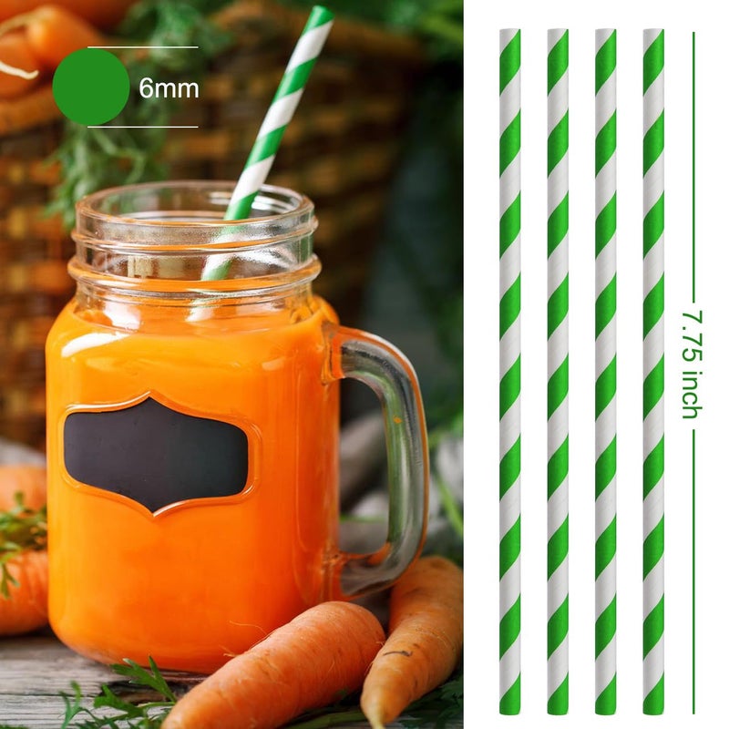 ALINK 100 Green and White Striped Paper Straws  Biodegradable Disposable Drinking Straws for Smoothie  Brithday  New Year  Party Decoration Supplies - Image 2