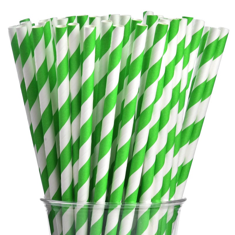 ALINK 100 Green and White Striped Paper Straws  Biodegradable Disposable Drinking Straws for Smoothie  Brithday  New Year  Party Decoration Supplies - Image 1