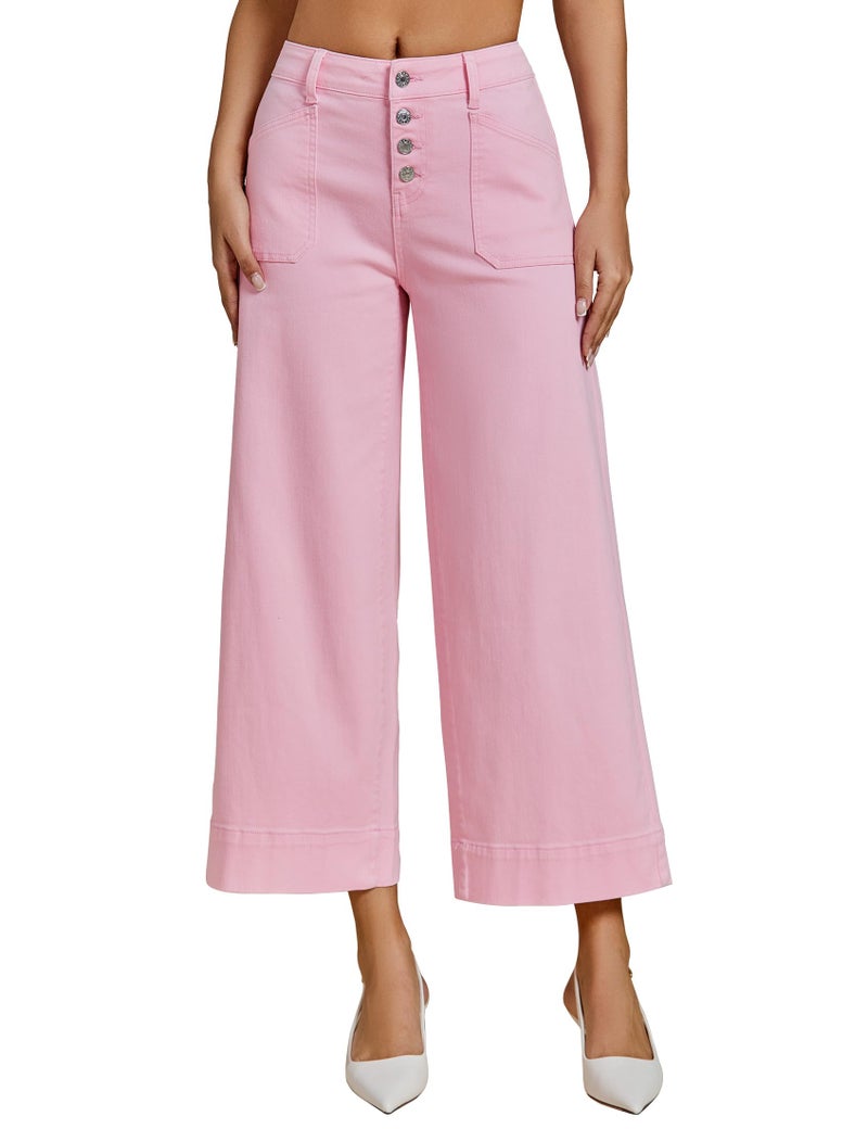 luvamia High Rise Wide Leg Jeans for Women Cropped Button Up 26 Inch Inseam Denim Wide Leg Pants Trendy Women Jeans Stretchy Pink-A-Boo Size Large US 12 to 14 - Image 1