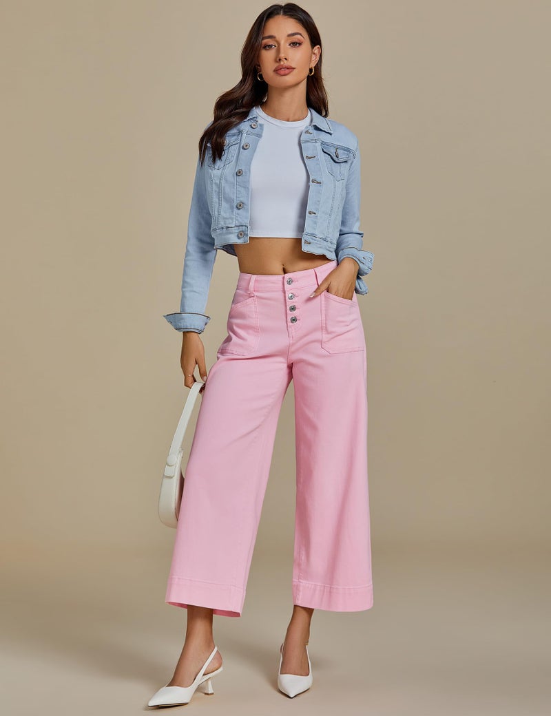 luvamia High Rise Wide Leg Jeans for Women Cropped Button Up 26 Inch Inseam Denim Wide Leg Pants Trendy Women Jeans Stretchy Pink-A-Boo Size Large US 12 to 14 - Image 5