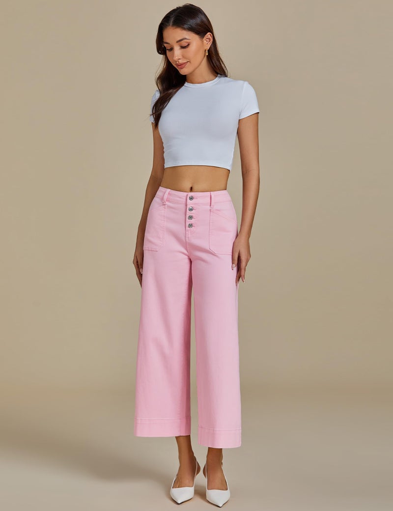luvamia High Rise Wide Leg Jeans for Women Cropped Button Up 26 Inch Inseam Denim Wide Leg Pants Trendy Women Jeans Stretchy Pink-A-Boo Size Large US 12 to 14 - Image 3