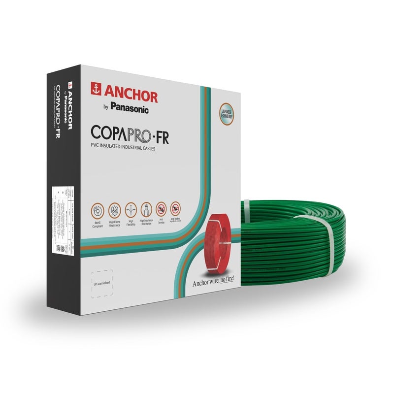 Anchor Anchor by Panasonic 1 mm COPAPro FR Electrical Wire 90 Meter Fire Resistant Single Core PVC insulated Pure Copper Wire Anti Rodent Anti Termite Flexible Wire for Connections GREEN 96138GN  - Image 1