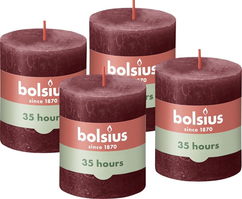 Bolsius Rustic Pillar Candle  Dark Red  Pack of 4  Long Burning Time of 35 Hours  Household Candle  Interior Decoration  Unscented  Natural Vegan Wax  No Palm Oil  8 x 7 cm