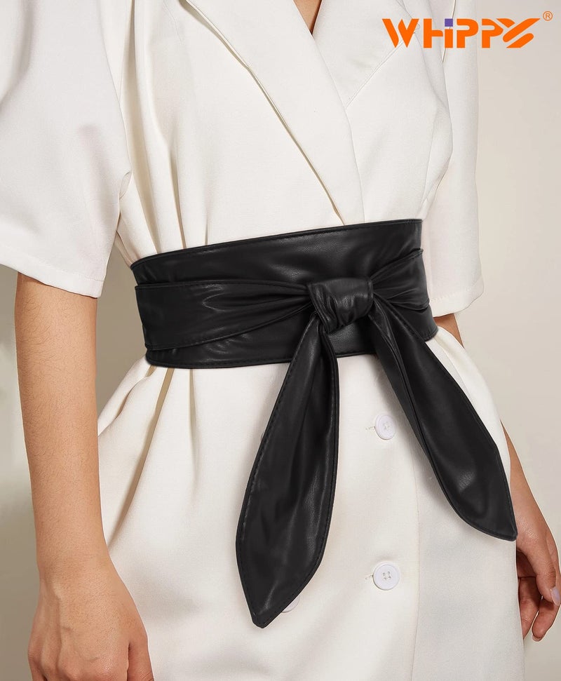 WHIPPY Women Obi Belt Fashion Wrap Around Wide Waistband Knotted Cinch Belt for Dress, Black, L - Image 2