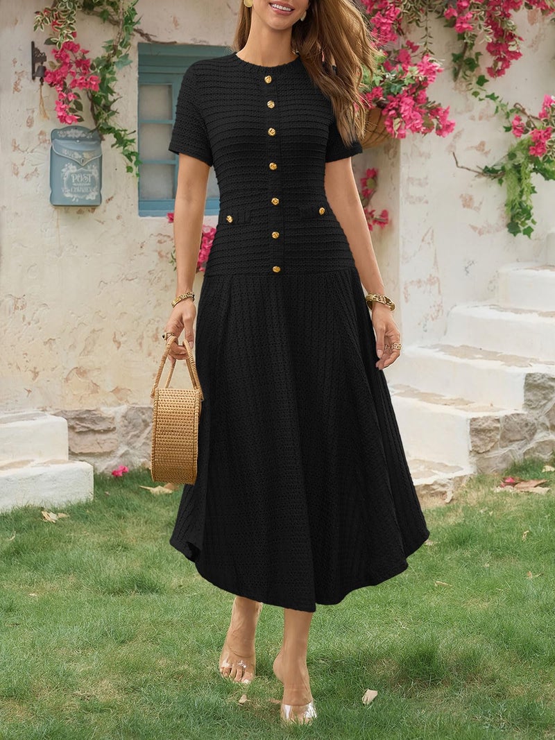 Wenrine فستان وينرين midi للنساء صيفي غير رسمي بأكمام قصيرة وياقة دائرية وزر للزينة. فساتين ضيقة ذات قوام منسوج باللون الأسود - Image 4
