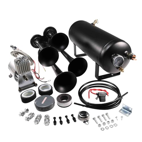 LDMINDA 12V 4 Trumpets Train Horn Kit 150psi Complete Onboard System 150psi Air Compressor 1.5 Gallon Air Tank 4 Trumpets Fits Any Vehicle Truck Car Semi Pickup Replacement for Jeep RV SUV Super Loud dB - Image 1