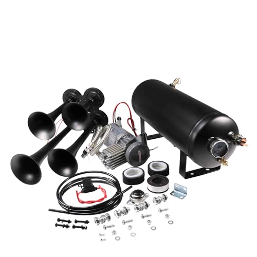 LDMINDA 12V 4 Trumpets Train Horn Kit 150psi Complete Onboard System 150psi Air Compressor 1.5 Gallon Air Tank 4 Trumpets Fits Any Vehicle Truck Car Semi Pickup Replacement for Jeep RV SUV Super Loud dB - Image 5