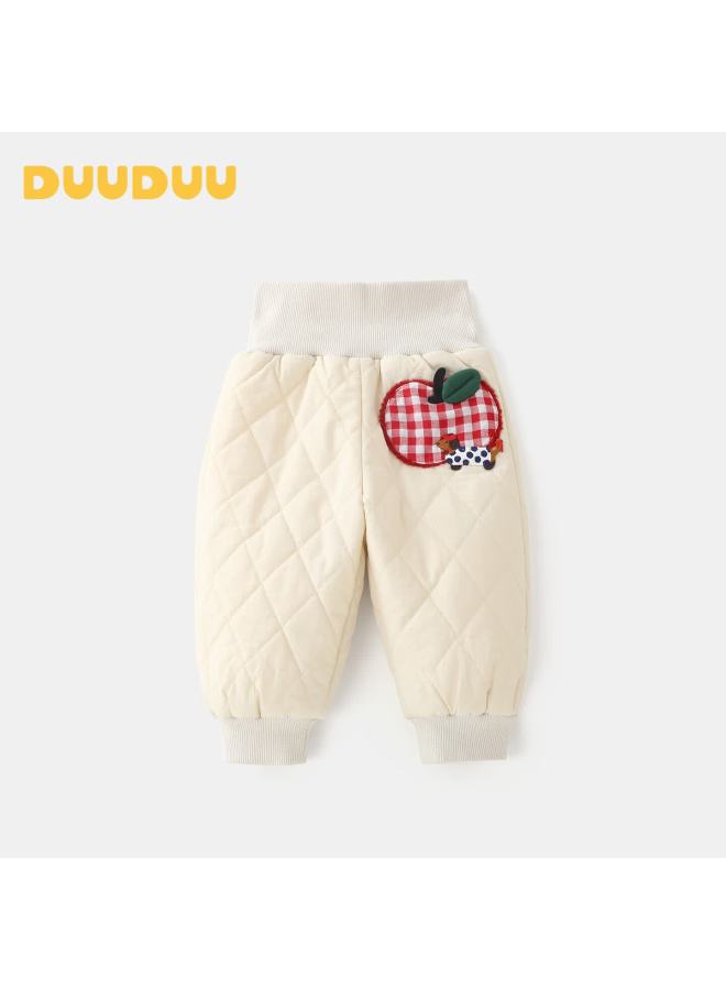 Duuduu Girls Cute High-waist Cotton Pants Autumn Winter Baby Thickened Warm Jogger Pants Apricot 120 - Image 1
