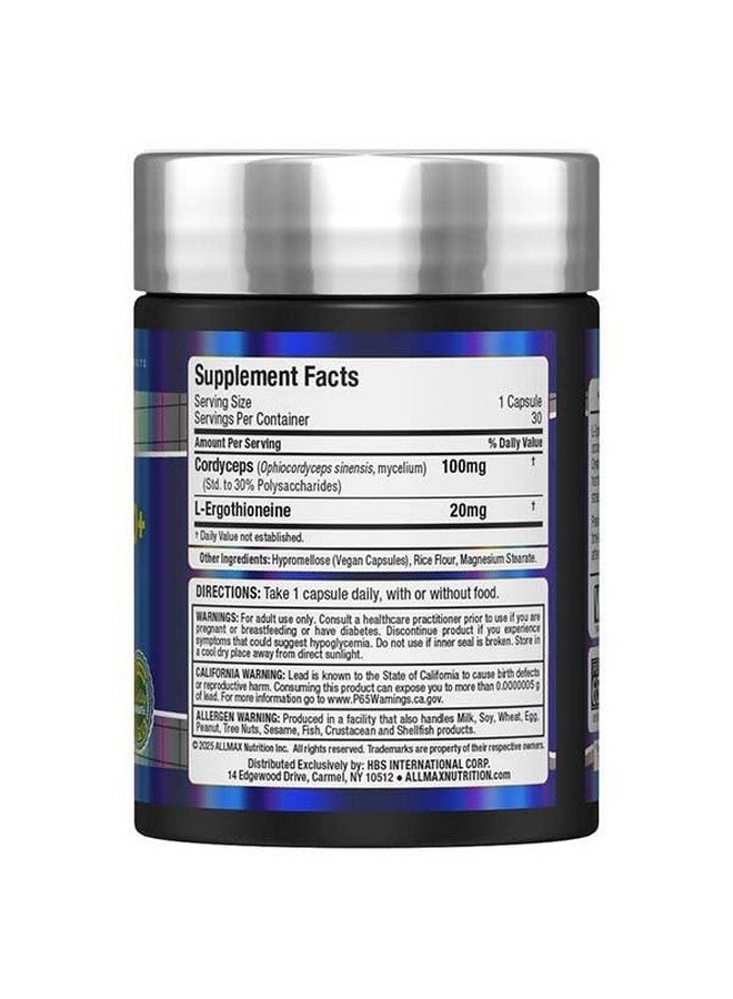 Allmax مكمل الأداء الرياضي والتعافي ALLMAX EGT20+ مع L-Ergothioneine وكورديسيبس، دعم مضاد للأكسدة وعوامل التكيف، 30 كبسولة نباتية - Image 2