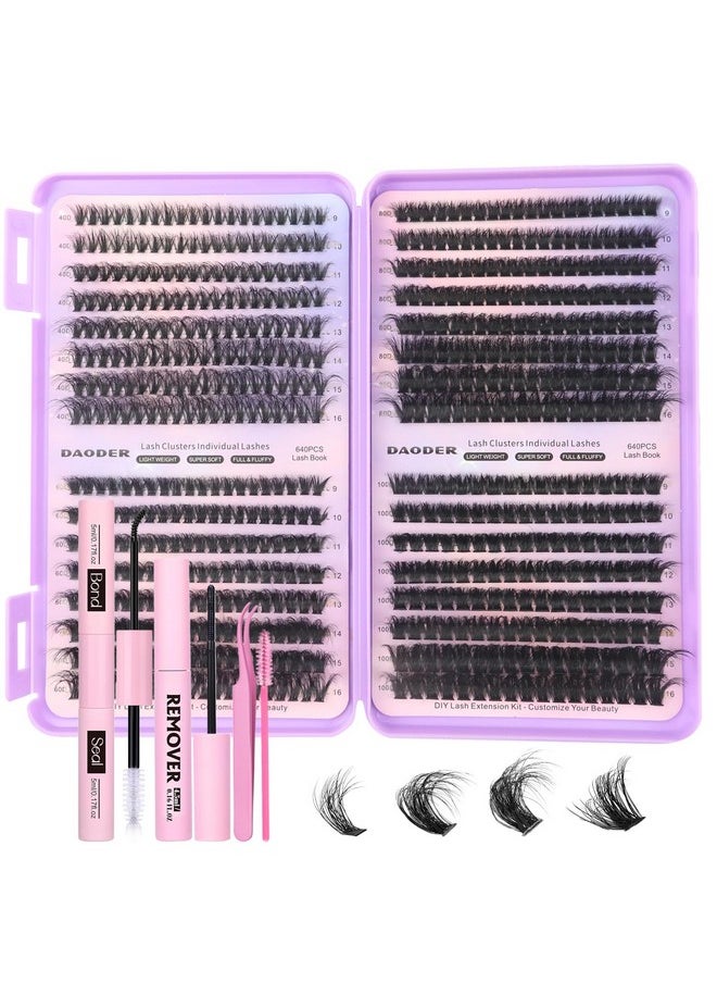 DAODER - Lash Clusters Kit 640Pcs Lash Extension Kit Wispy 40D+60D+80D+100D Fluffy Cluster Lash Kit D Curl Volume Individual Lashes With Lash Revmover Lash Bond Seal 9-16Mm(40D+60D+80D+100D Kit 640Pcs) - Image 1