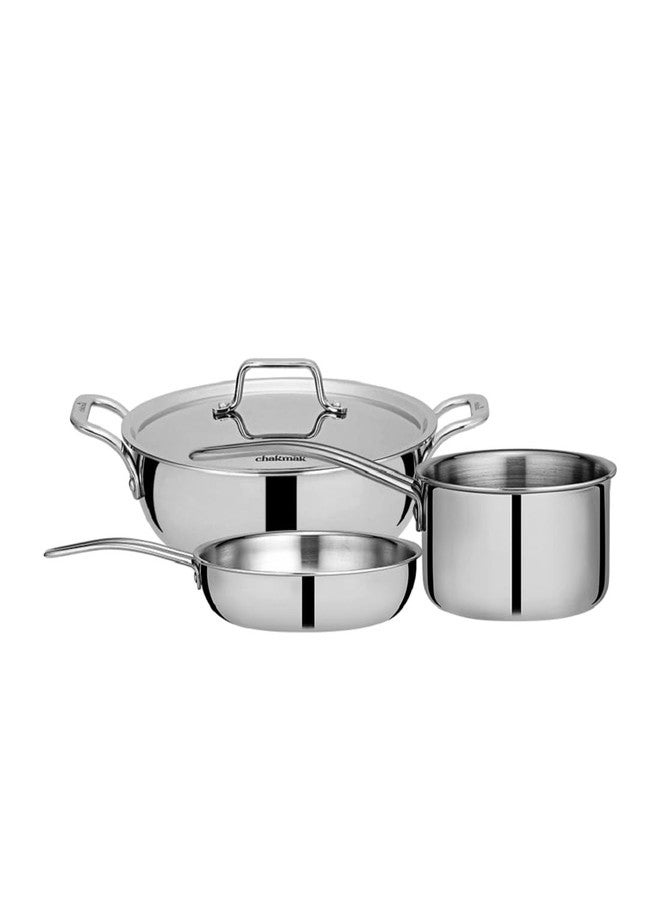 CHAKMAK Stainless Steel ARES TRIPLY DEEP KADHAI with LID WRH 24CM, Saucepan WRH 16CM and FRYPAN WRH 20CM COOKWARE 3 PCS Combo Set - Image 2