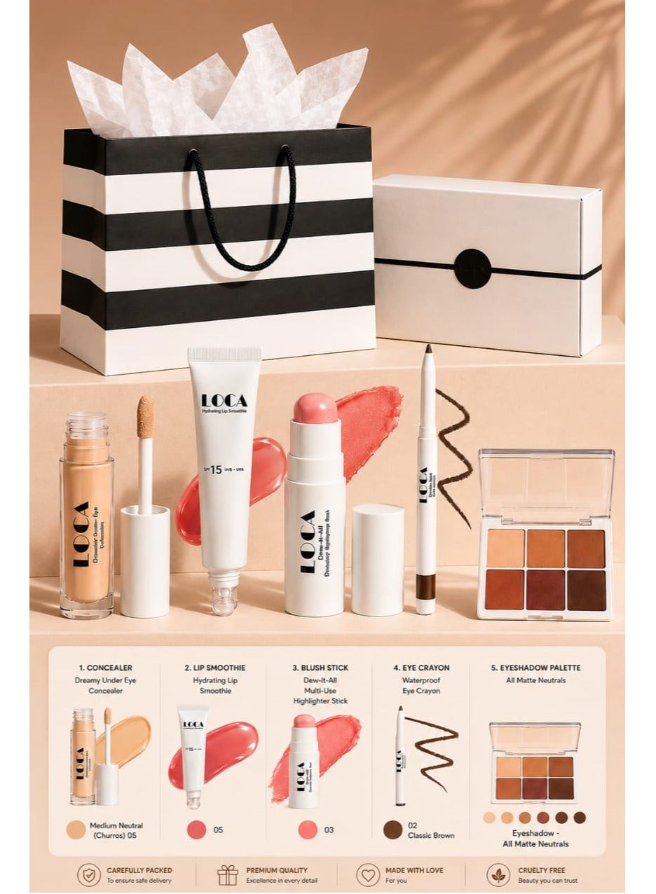 Loca Luxury Complete Face Makeup Set With Gift Bag 1 Concealer 2 Lip Smoothie 3 Blush Stick 4 Eye Crayon 5 Eyeshadow Palette