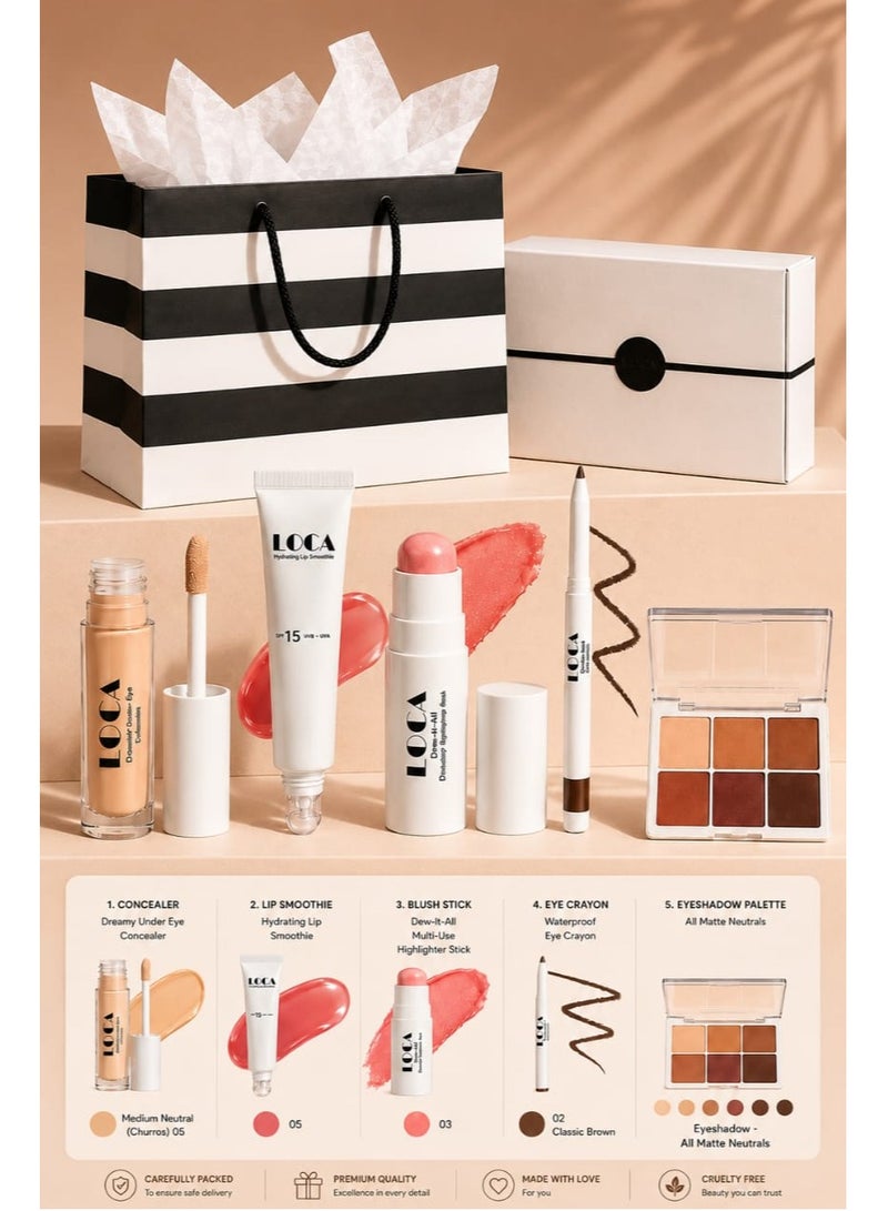 LOCA Luxury Complete Face Makeup Set with Gift Bag: 1. Concealer 2. Lip Smoothie 3. Blush Stick 4. Eye Crayon 5. Eyeshadow Palette - Image 1
