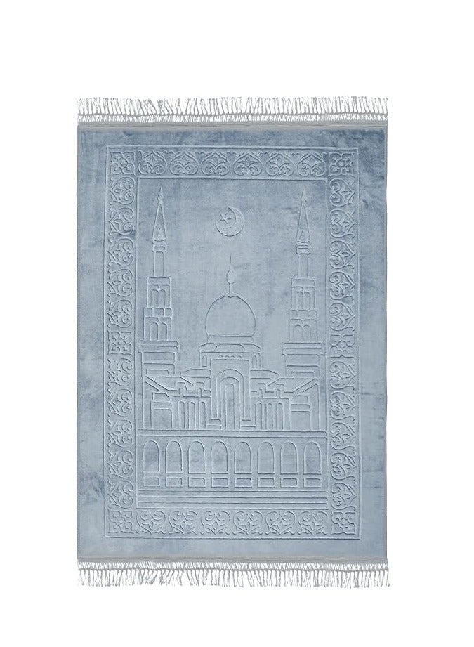 MARIO DRAFTS Islamic Prayer Rug with Mihrab Design, Grey Velvet with Fringe Tassels, Traditional Arch Pattern - Image 1