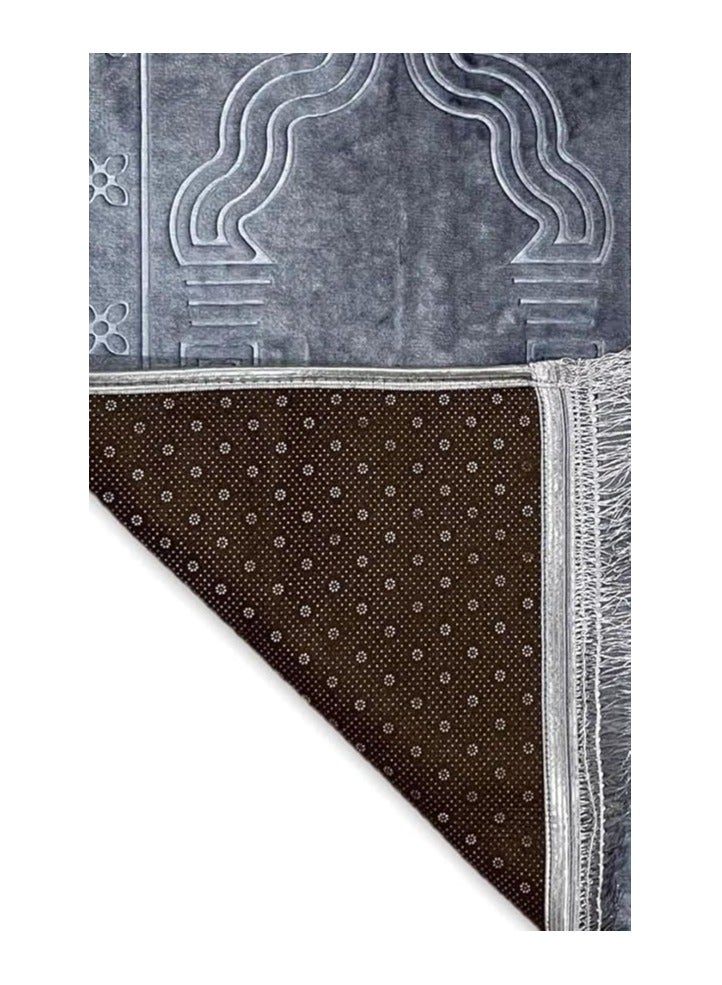 MARIO DRAFTS Islamic Prayer Rug with Mihrab Design, Grey Velvet with Fringe Tassels, Traditional Arch Pattern - Image 4