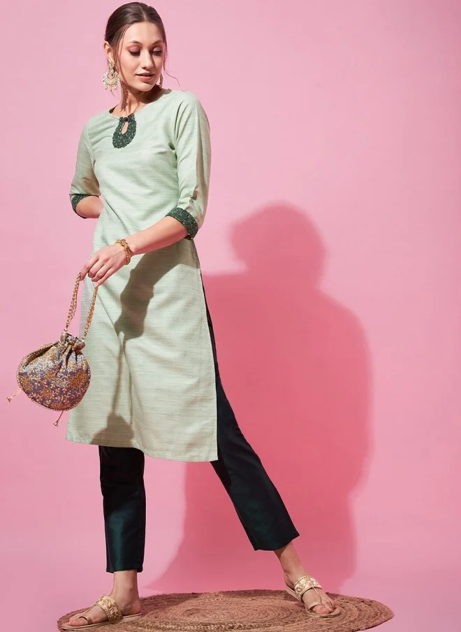 اندو ستريت Keyhole Neck Beaded Kurta with Trousers for Women