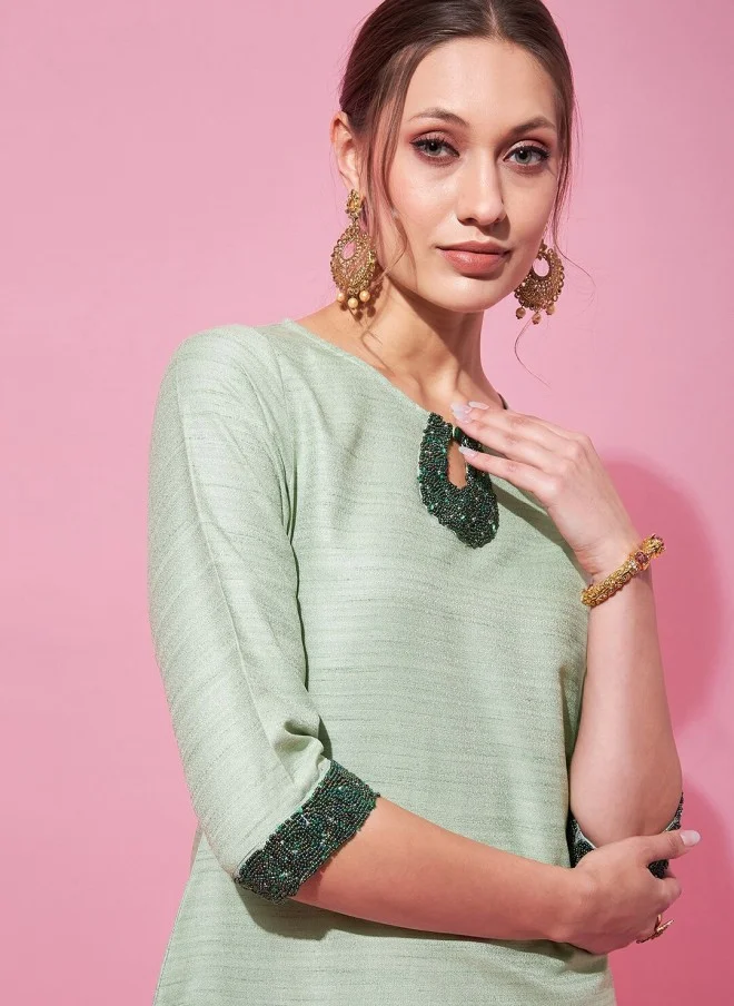 اندو ستريت Keyhole Neck Beaded Kurta with Trousers for Women