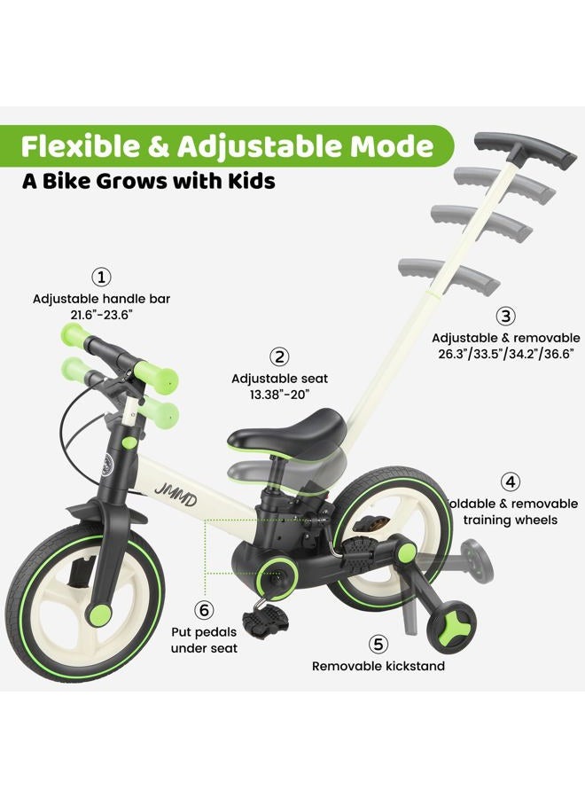 JMMD Balance Bike with Training Wheels and Pedals, Kids Push Bike with Adjustable Push Handle, Fun and Safe Toddler Tricycle for Boys and Girls with Brakes & Kickstand, Age18 Months-5 Years, Green - Image 5