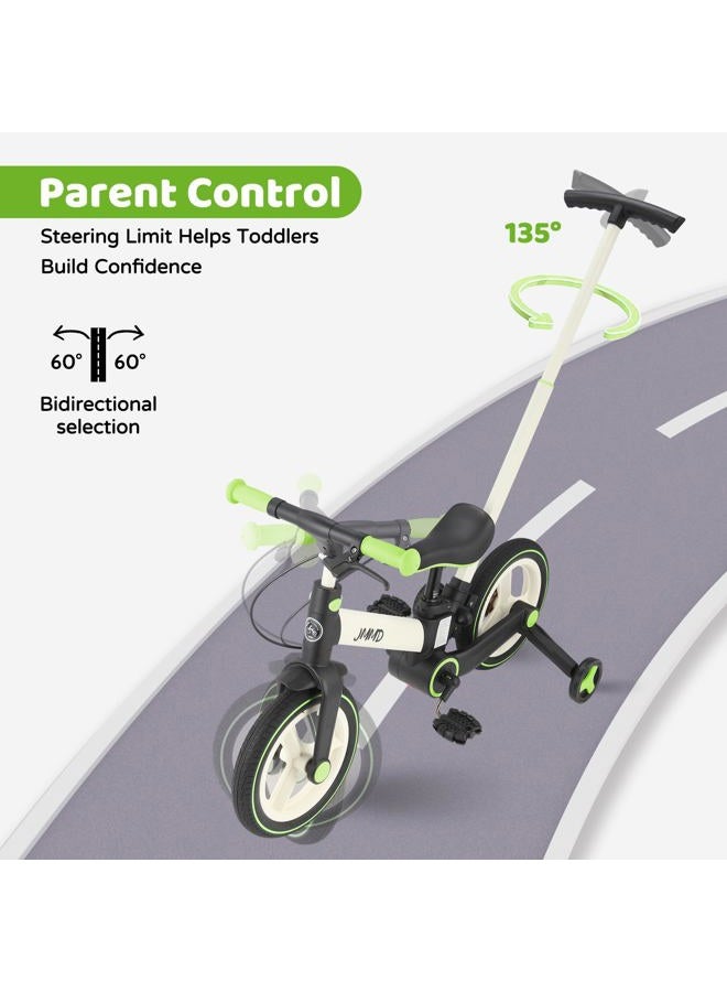 JMMD Balance Bike with Training Wheels and Pedals, Kids Push Bike with Adjustable Push Handle, Fun and Safe Toddler Tricycle for Boys and Girls with Brakes & Kickstand, Age18 Months-5 Years, Green - Image 3