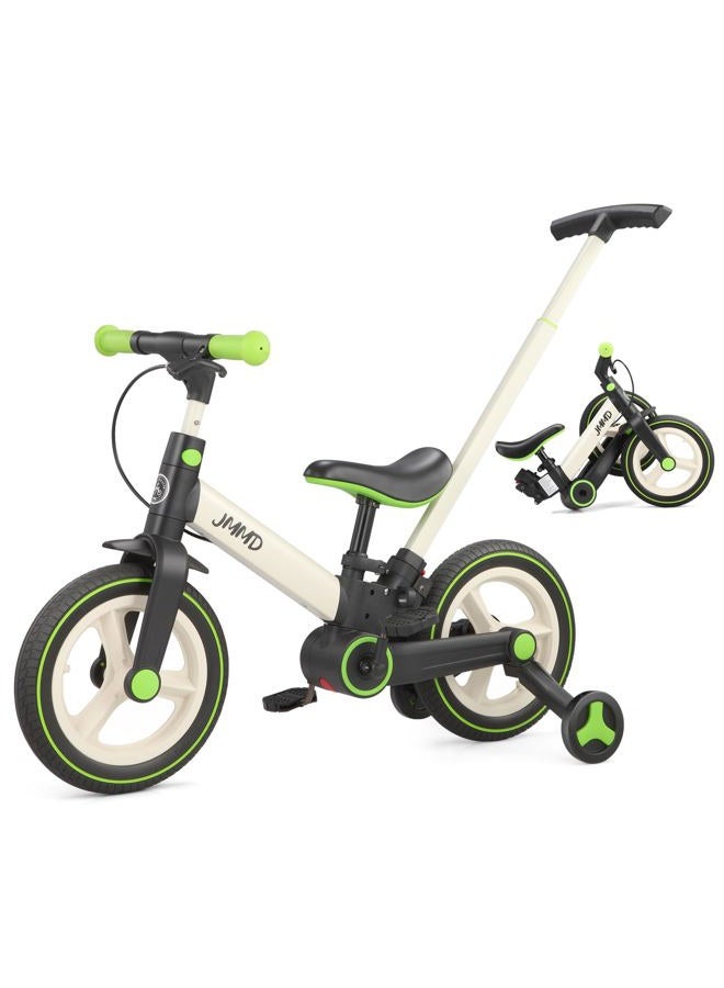 JMMD Balance Bike with Training Wheels and Pedals, Kids Push Bike with Adjustable Push Handle, Fun and Safe Toddler Tricycle for Boys and Girls with Brakes & Kickstand, Age18 Months-5 Years, Green - Image 1